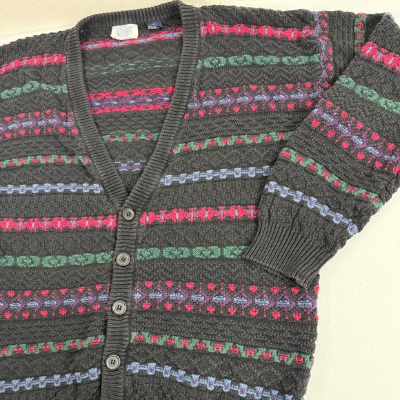 FRANKENMUTH KNIT CARDIGAN SWEATER DARK GRAY‎ MULTICOLOR STRIPE PATTERN SIZE L - Picture 4 of 8